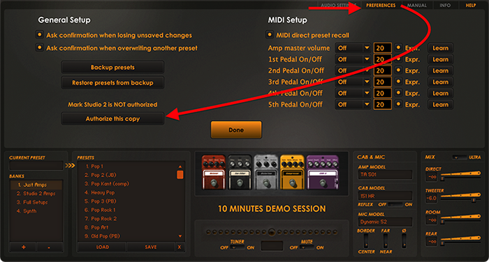 mark studio 2 click preference and menage your authorisation